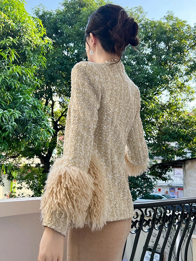 Women\'s Exquisite Luxury Elegant Jackets Sparkling Thick Tweed Artificial Fur Belt Bandage Coat Femme Party Banquet Outwear Tops