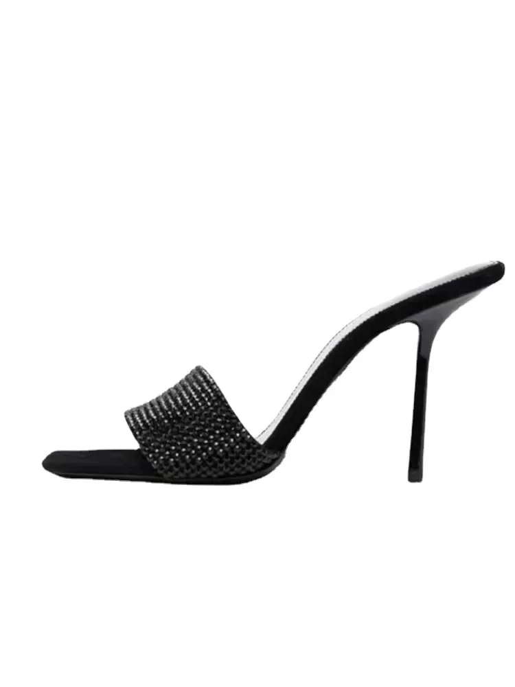 Summer  Yang Shulin Same Style Square Headed Black rhinestone with Sandals Slim Heels High Heel Sandals for Women