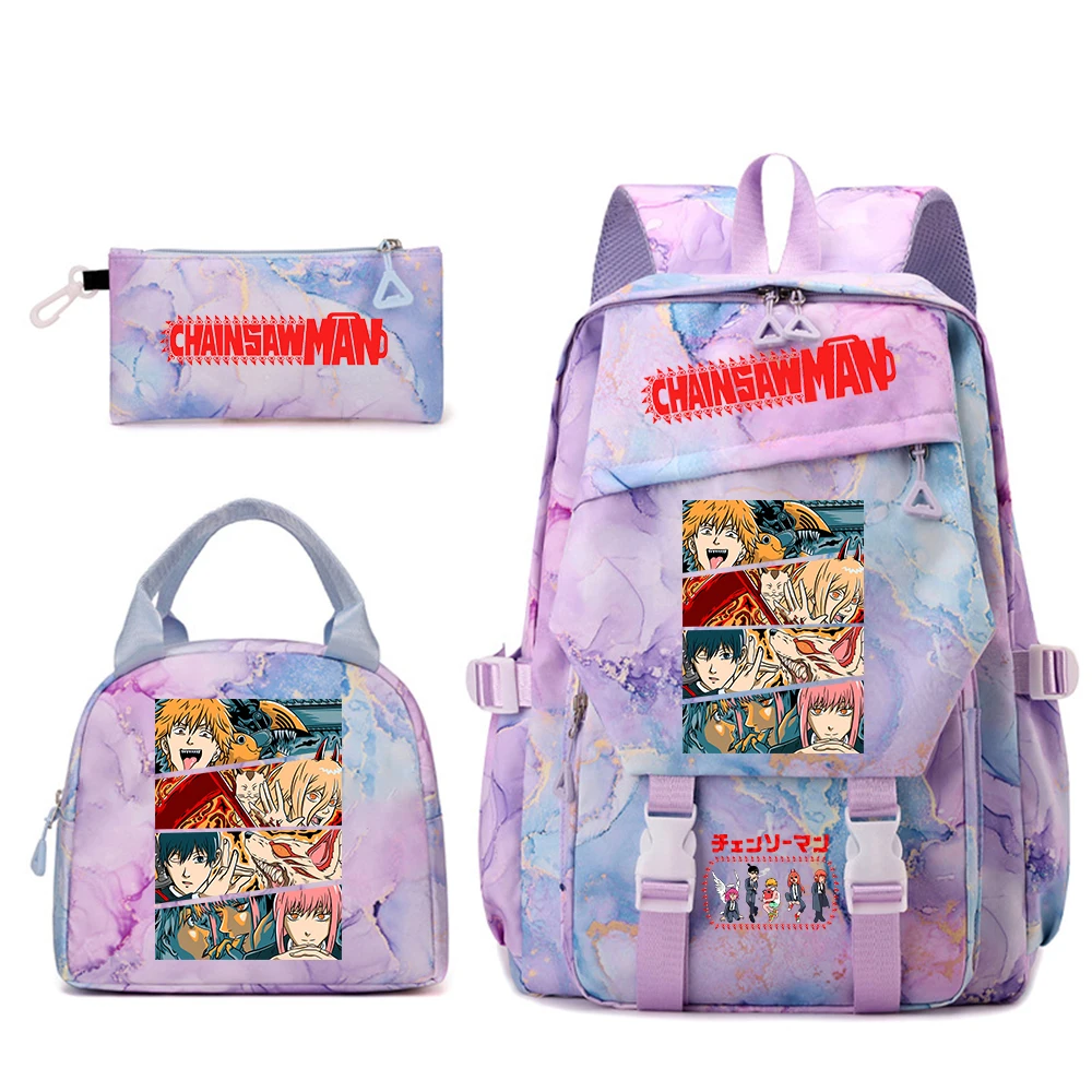 アニメ学生用バックパックセット-女の子用-チェーンソーマン柄-カジュアルスクールバッグ-ランチバッグとペンシルケース付き-3点セット