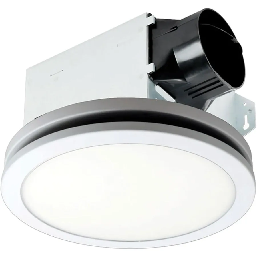 Energy efficient quiet operation ceiling mount bath fan with LED edge-lit flat round panel light 100 CFM exhaust capacity ideal