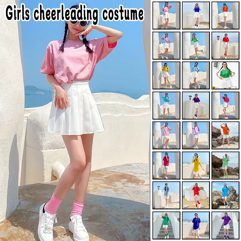 1 Set Cheerleading Uniforms Summer Candy-color Short Sleeve T-Shirt Skirts  Student Team Sports Meeting Performance Costumes