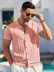 Summer Clothes Men's V-neck Textured Retro Button Front Knit Cardigan ,Regular Fit Plain Short Sleeve Collared Top for Summer, M