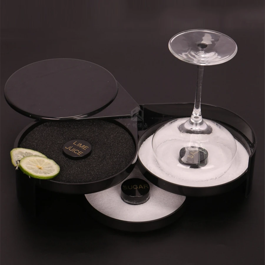 Black 3 Layer Plastic Cocktail Seasoning Box Glass Rimmed with Sugar Salt Lemon Bar Accessories Bartender's Tools