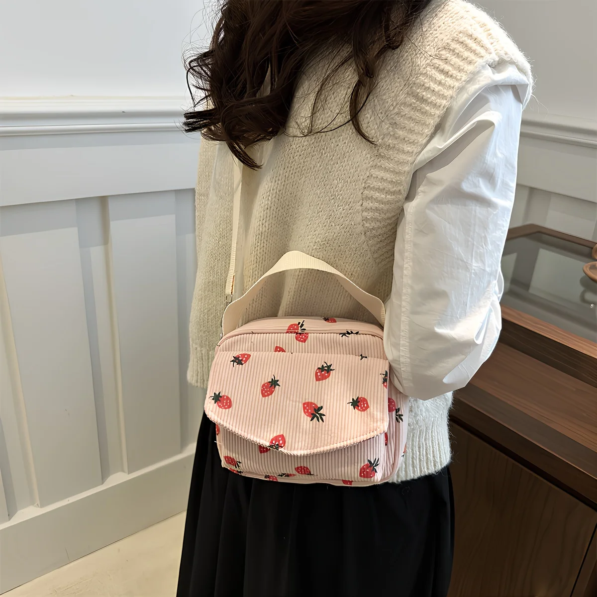 

Cute Strawberry Print Corduroy Crossbody Bag, Versatile Small Shoulder Purse, Perfect for Daily Use Work Casual Travel Outings