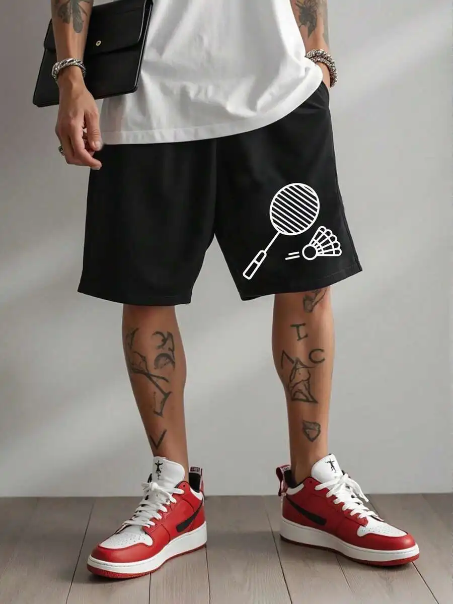 

Mens Summer Casual Badminton Shorts Sportswear Beach Shorts With Racket Print