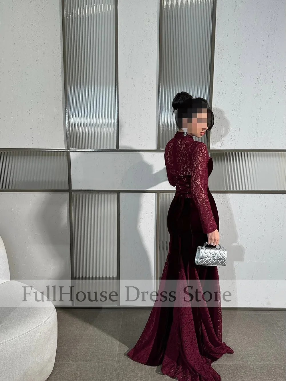 

Bespoke Occasion Elegant Illusion Neck Lace Long Sleeve Velet Evening Gown Sheath Sexy Floor Length Saudi Prom Dress with Court