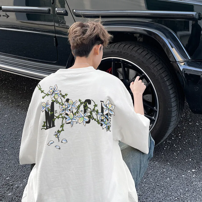 

Men's Cotton Oversized T-shirts White Fashion Mens 5XL T Shirt Casual Summer Wear Flower Letter Print Tee Shirts for Men Clothes
