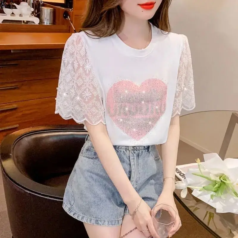 Women Summer Fashion Diamonds Lace O-neck Short Sleeve T-Shirt Ladies Casual Office Lady Loose Appear Thin All-match Trend Tops