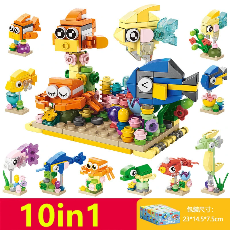 10in1 Cute Animals Fox Koala Dog Insect Turtle Dinosaur Ostrich Goldfish Fish Tank Bird Building Blocks Kit Model Toy Children