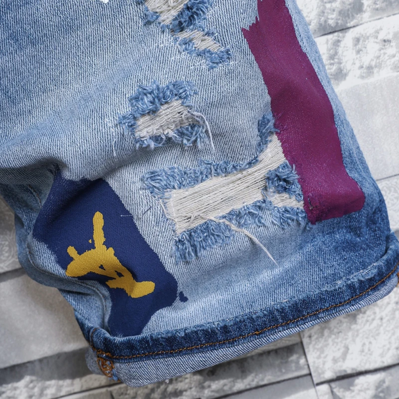 American paint printing denim shorts men's ripped summer slim fit elastic casual trend High Street pencil pants shorts