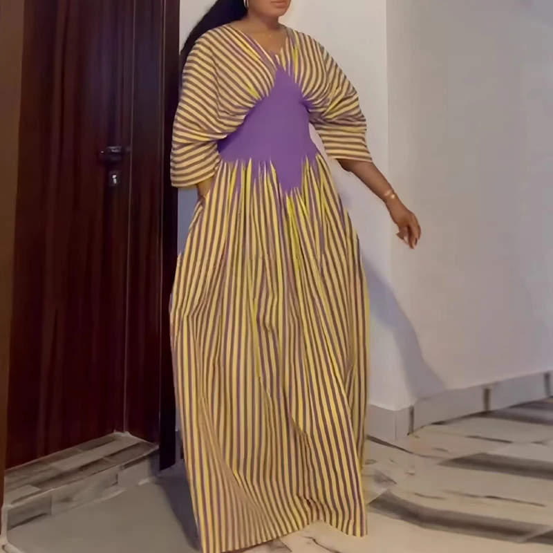 Autumn New Women's Slim Party Maxi Dress Vintage Stripe Color Blocked Pleated Dress Elegant V-neck High Waist Long Sleeve Dress