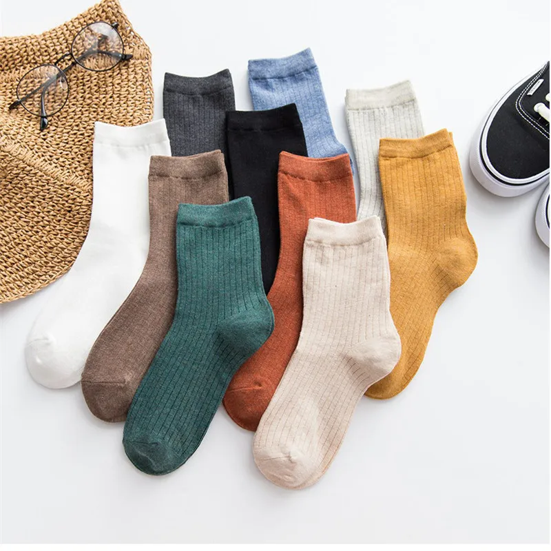 

2 Pairs Women's Mid-calf Solid Color Cotton Socks Spring and Autumn Japanese Cute Korean Version of The Student Kawaii Socks