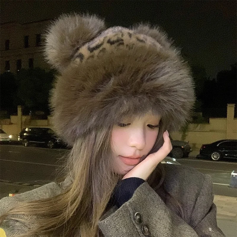 

Women Leopard Print Plush Hats Warm Autumn Winter Korean Little Bear Ears Cute Mongolian Cap Windproof Ear Protection Bonnets