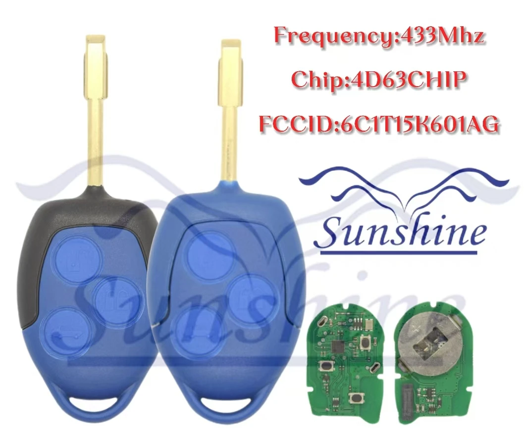 

Sunshine car key P/N: 6C1T15K601AG 3 Button 433Mhz 4D63 Chip Remote For Ford Transit WM VM 2006-2014 P/N Blue/Black FO21 Blad