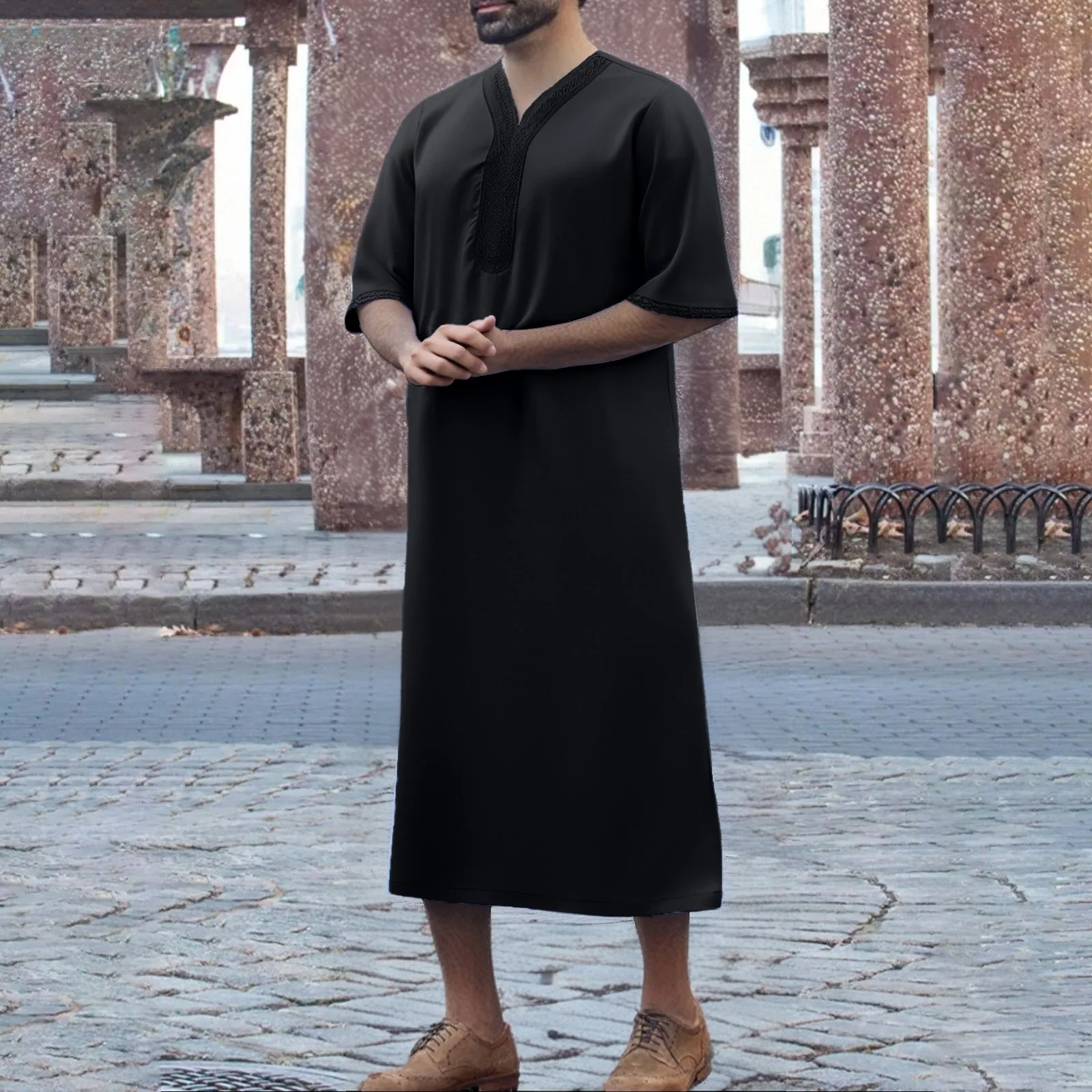 

2025 Muslim Loose Robe For Men Trendy Embroidered Robe Muslim Arab Solid Color Ribbon Robe Dubai Travel Robe Camisa Masculina