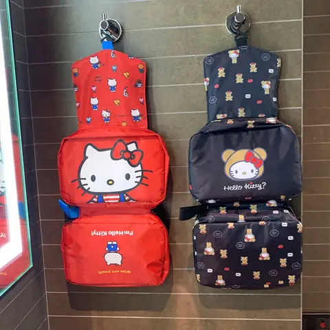 Kawaii hello kitty sanrio saco de maquiagem anime figura montagem na parede lavar cosméticos dobrar saco de armazenamento bolsa viagem portátil presentes