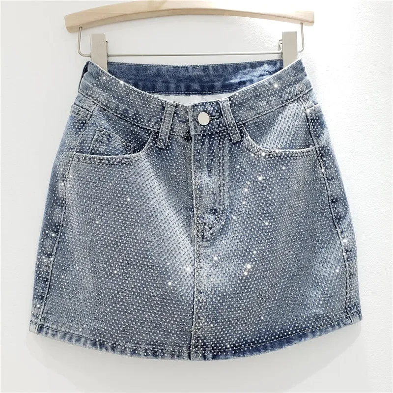 Luxury Women Diamonds Beaded Denim Skirt High Waist Hot Drilling Rhinestones Jeans Skirt A-line Wrapped Hip Cowboy Short Faldas