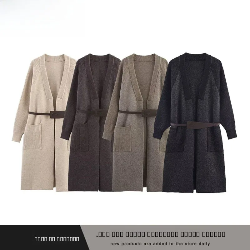 

Модное универсальное простое вязаное пальто с поясом, женское новое осенне-зимнее пальто из полиэфирного волокна, средней длины