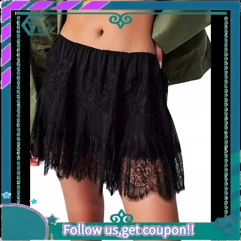 A09P レディース Y2K ハーフスリップスカート ローライズ プリーツ フリル レーストリム スカート レイヤード フローイ ショートスカート アンスコ