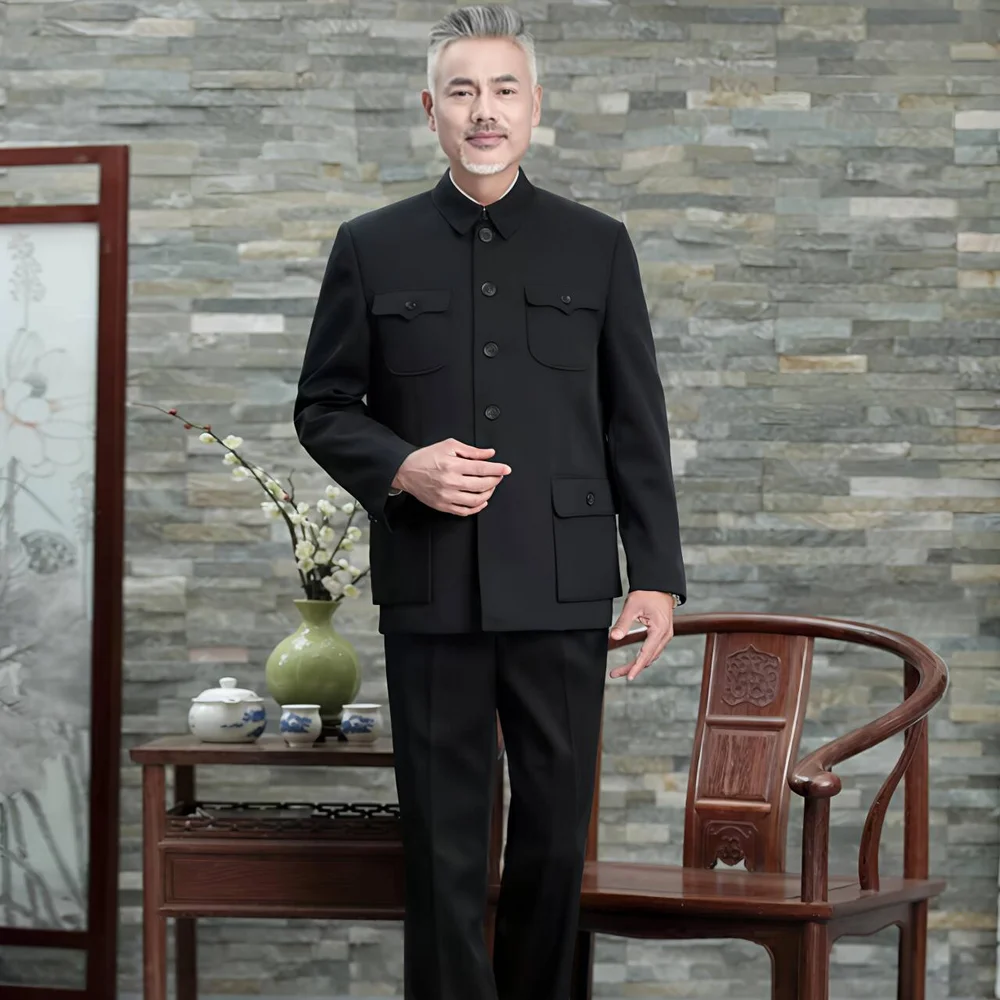 

Men's Black Mao Suit Set Classic Zhongshan Suit Blazer & Pant 2PCS Set Male Classic Tunic Coat and Trousers Twinset Uniform 2025