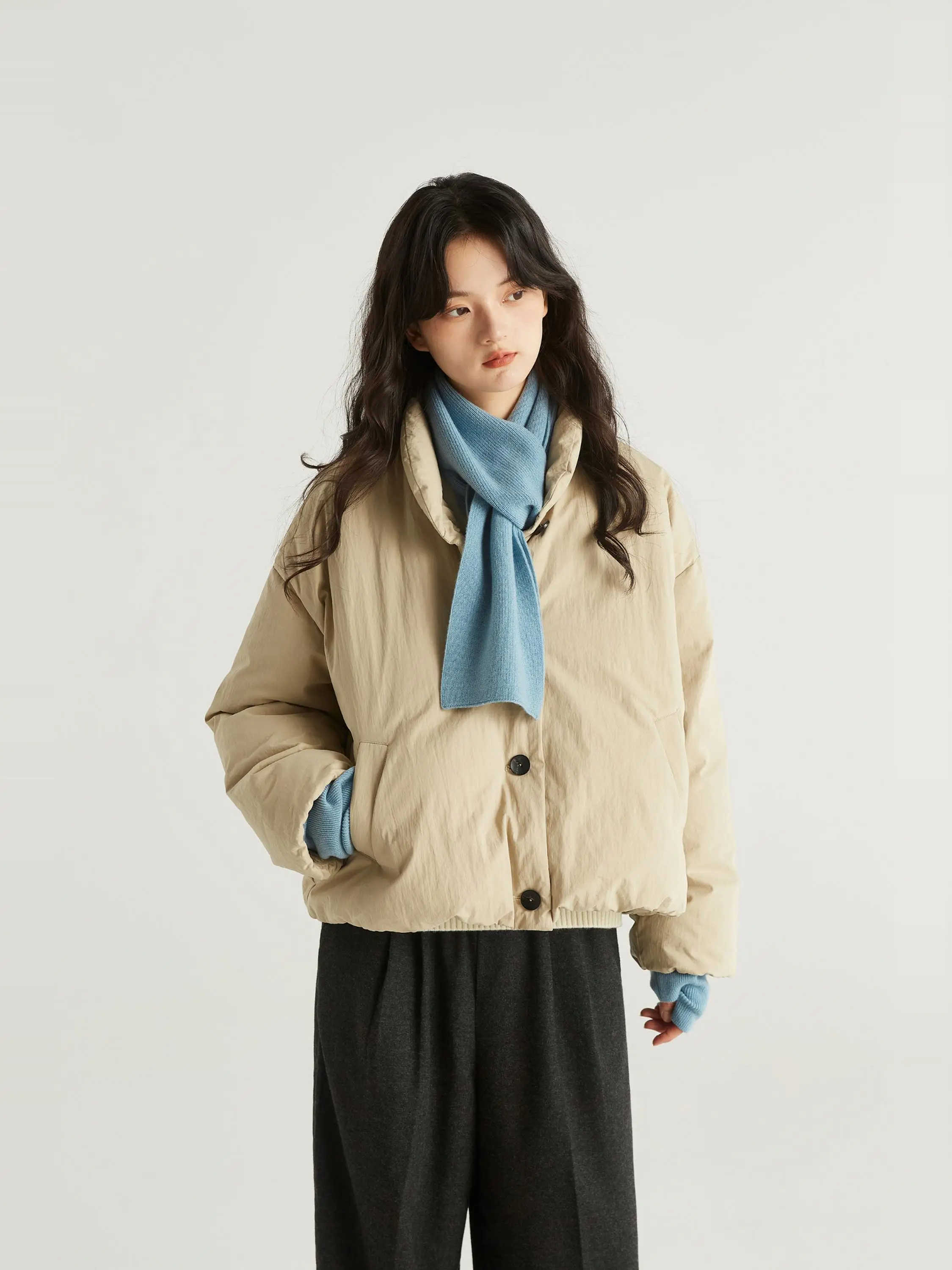 

Prefree Floating High Street Sle 90 White Du down ort Coat Sand Apricot Color Stand Collar Bread down Jaet Warm Thi...