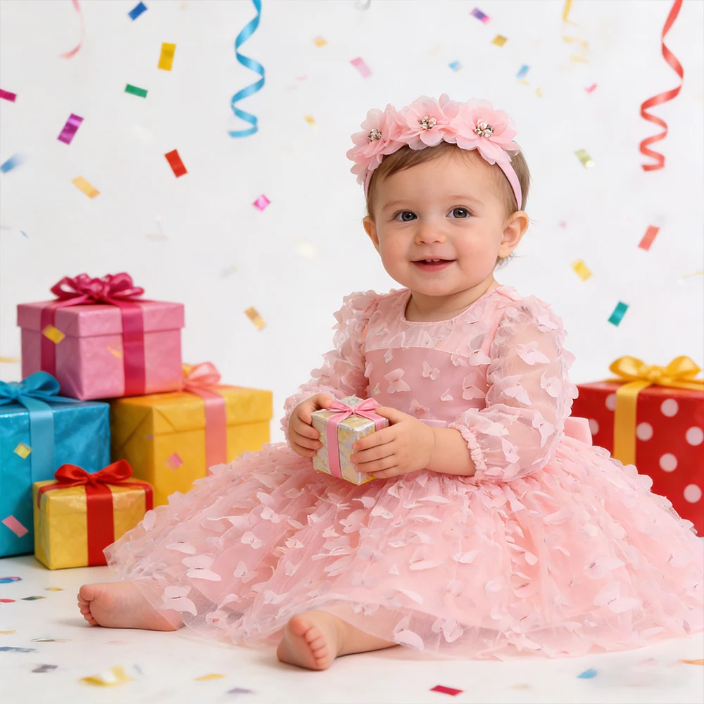 Baby Mädchen Kleidung Taufendes Rosa und Weiß Kostüm für Mädchen Mesh Flauschiges Prinzessin Kleid Geburtstag Party Kinder Kleid mit Kopfbedeckung