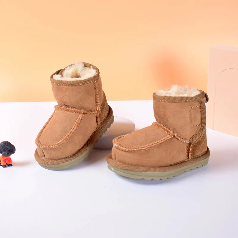 New Winter Children Snow Boots Genuine Leather 100% Wool Fur Toddler Boys Boots Soft Sole Warm Baby Girls Boots