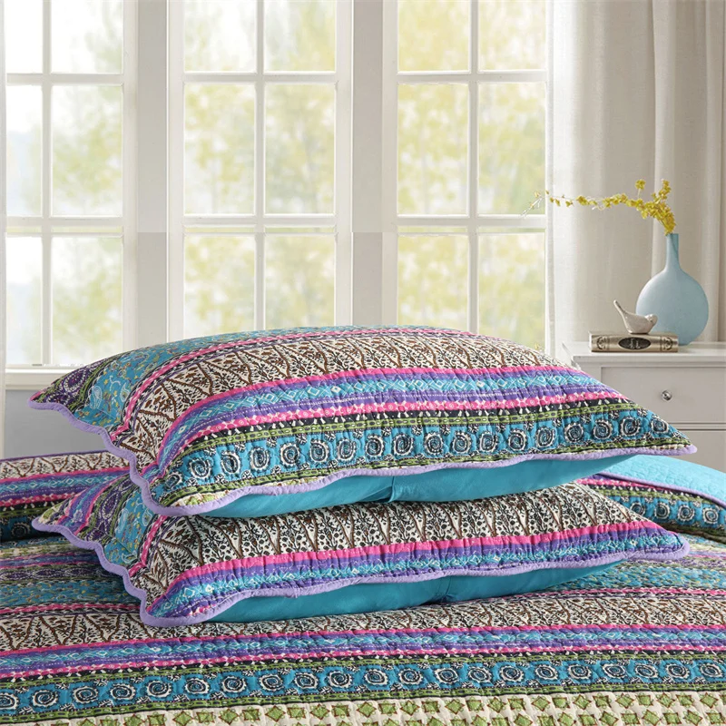 1Pc Boho Colorful Full Queen Quilt Cover for Summer Bohemian Floral Striped Lightweight Bedspread Brushed Microfiber All Season