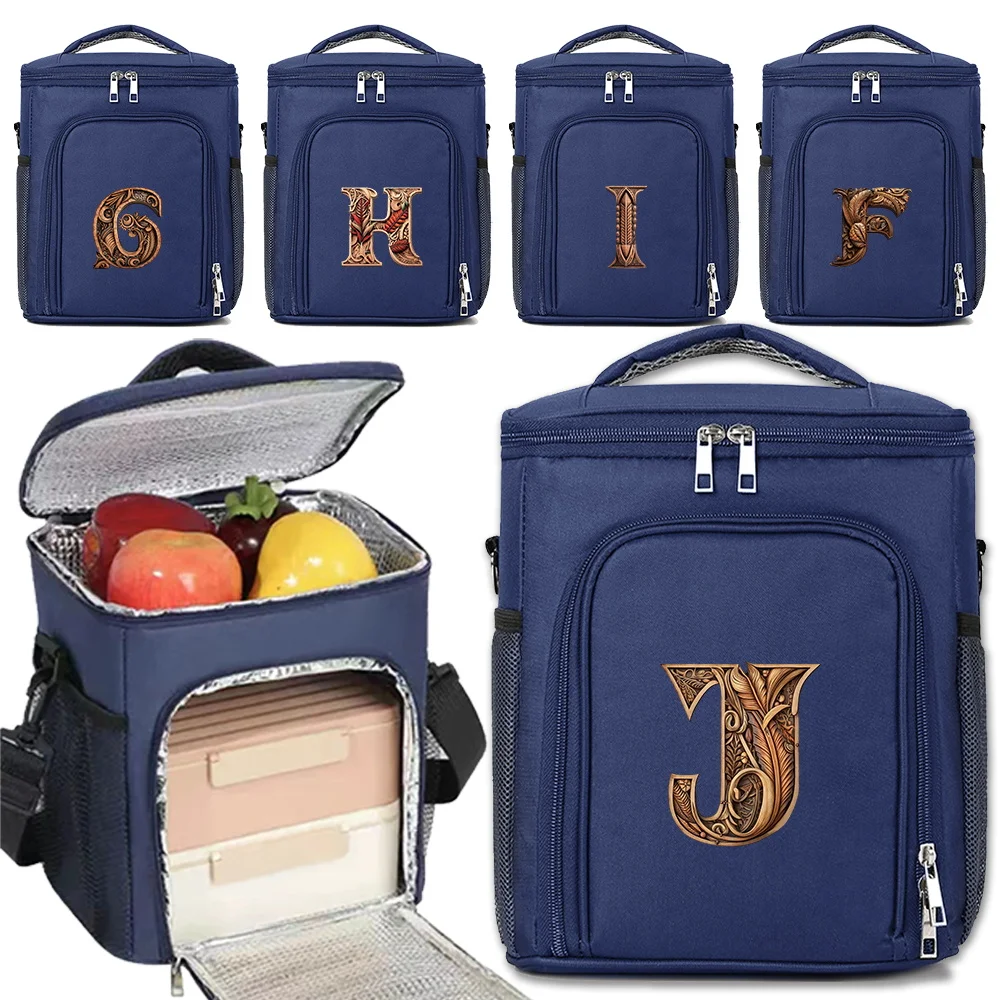 Lunch Bags Cooler Insulated Case Portable Outdoor Shoulder Camping Picnic Storage Box Crossbody Lunch Bag Wood Art Letter Series