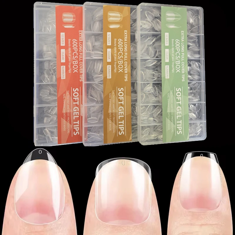 600 件 Soft Gel False Nail Tips XS Short Square Coffin Almond Artificial Press on Fake Nails Extension X Capsule Manicure Tools