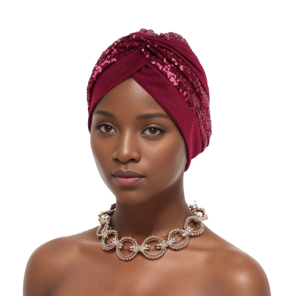 Shining Sequins African Turban Cap Female Head Wraps Muslim Headscarf Bonnet Hijab Hat Nigeria Wedding Party Headpiece