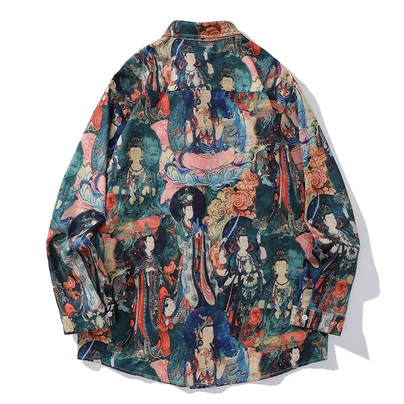 Aelfric Eden Men Streetwear Multi Chinese Ancient Graffiti Long Sleeve Shirts Vintage Oversized Lapel Button Shirt Autumn Unisex