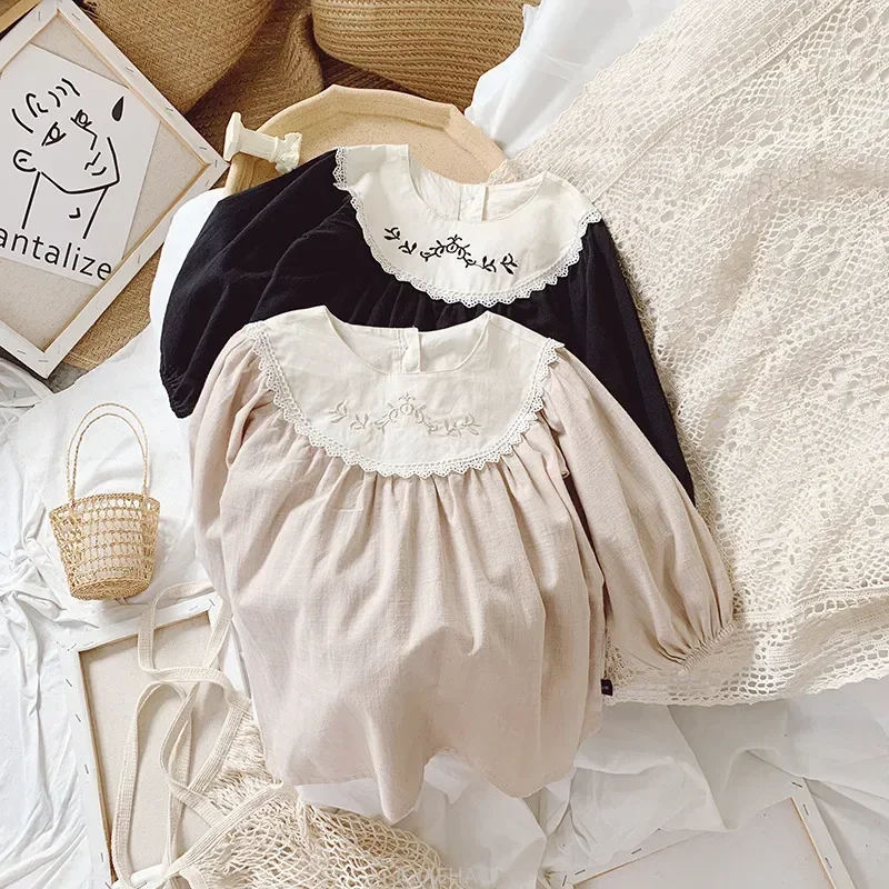 ملابس الفتيات المراهقات 2025 فستان عتيق للفتيات الصغيرات بأكمام طويلة من القطن للفتيات الصغيرات ملابس أطفال مطرزة بالزهور