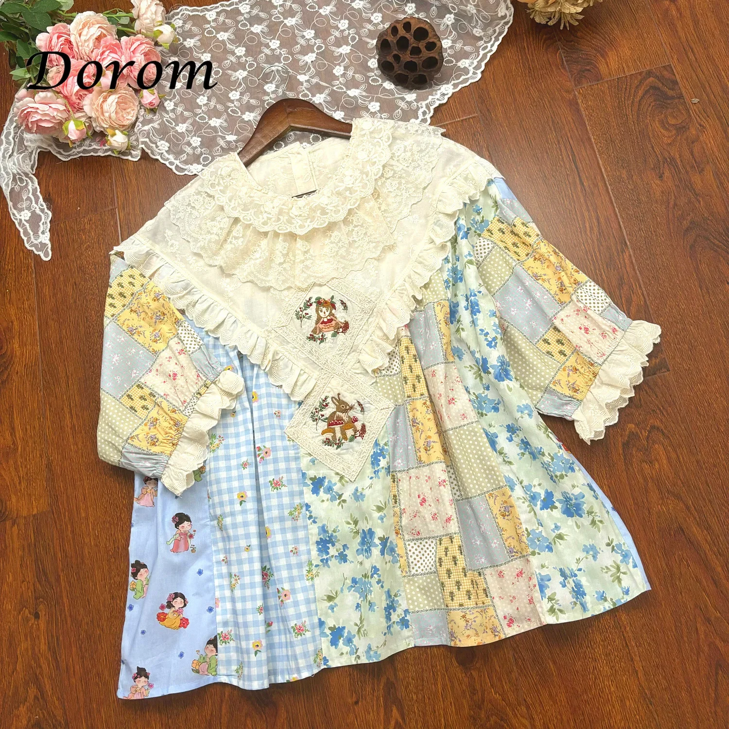 Vintage Lace Ptachwork lolita shirt Women Summer peter pan collar short sleeve shirts and blouses Japanese Mori Girl Loose Tops