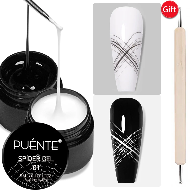 PUENTE 3pcs/set Black White Color Drawing Pull Wire Gel Polish With Dotting Pen Soak Off UV/LED Nail Spider Gel For Manicure