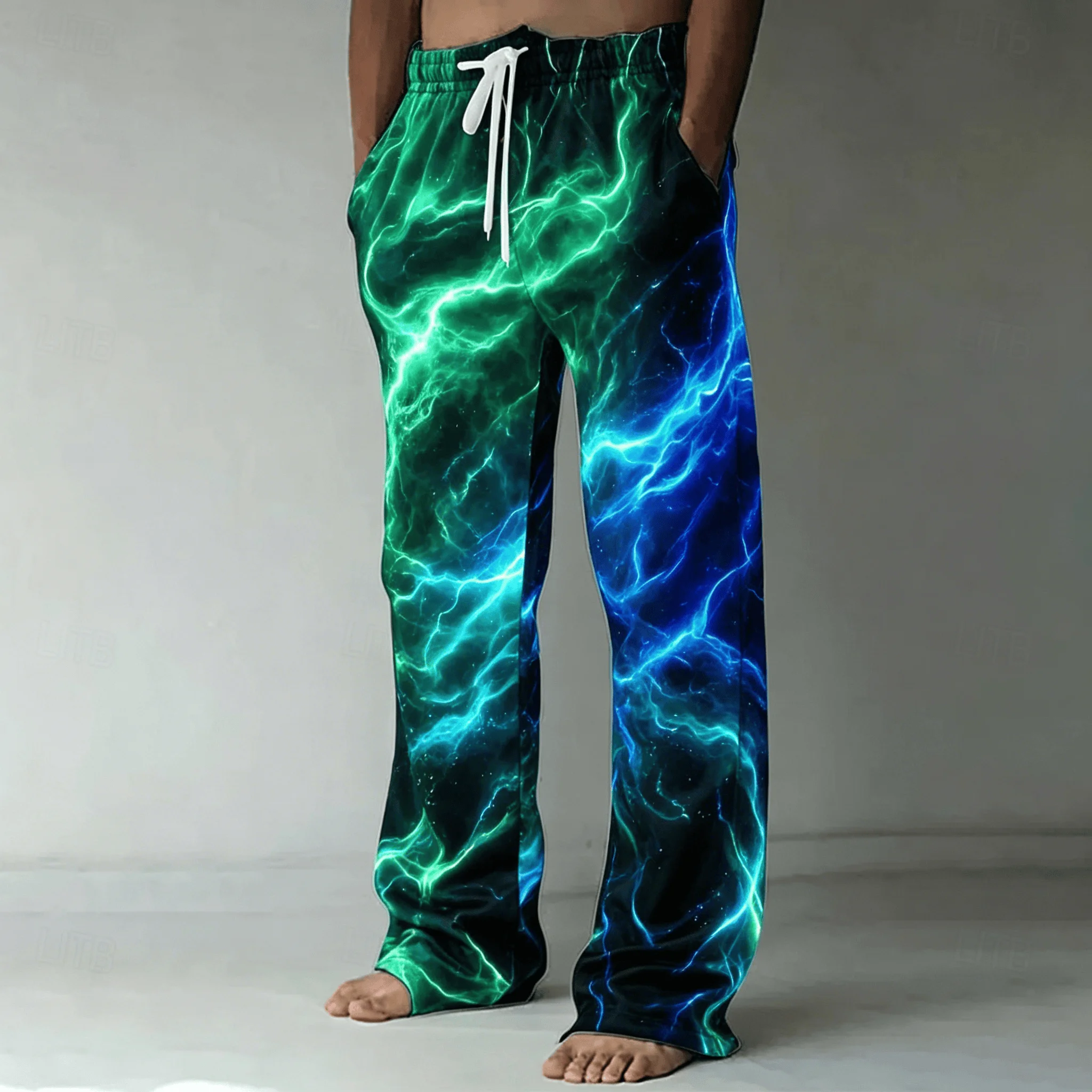 Herren-Hose mit Feuer-Blitz-Print und Kordelzug, Lässige Weite Hose für Frühling & Sommer Streetwear – Detail 3