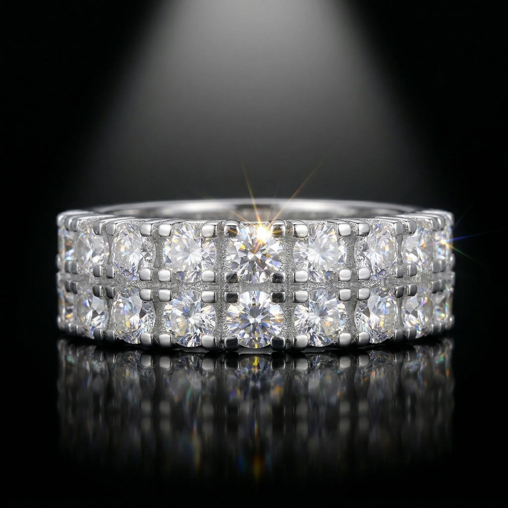

Moissanite Ring, 925 Sterling Silver, D Color VVS1, Double Row Full Pave, Light Luxury Stackable, Unisex, With Certificate