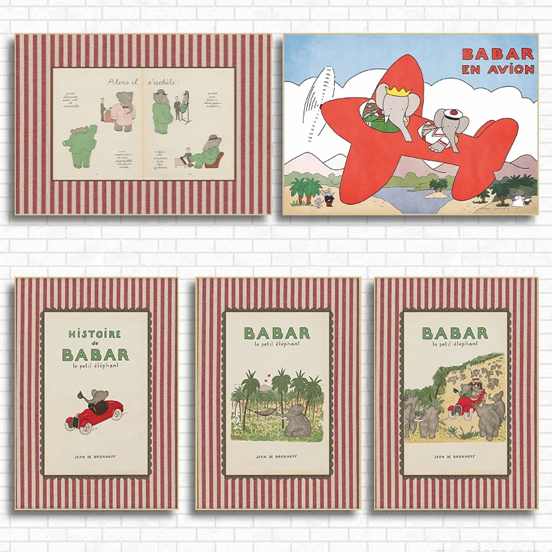 

Babar The Elephant Vintage Cartoon Illustration Posters and Prints Canvas Printing Wall Art Picture for Living Room Home Decor