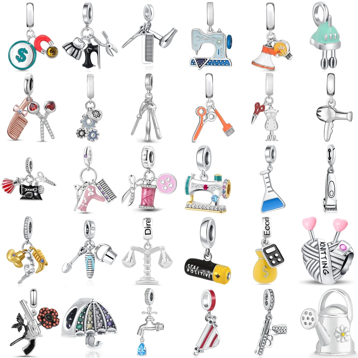 

New Fashion 925 Sterling Silver Hair Dryer Scissors Sewing Machine Comb Charm Bead Fit Original Bracelet DIY Women Jewelry