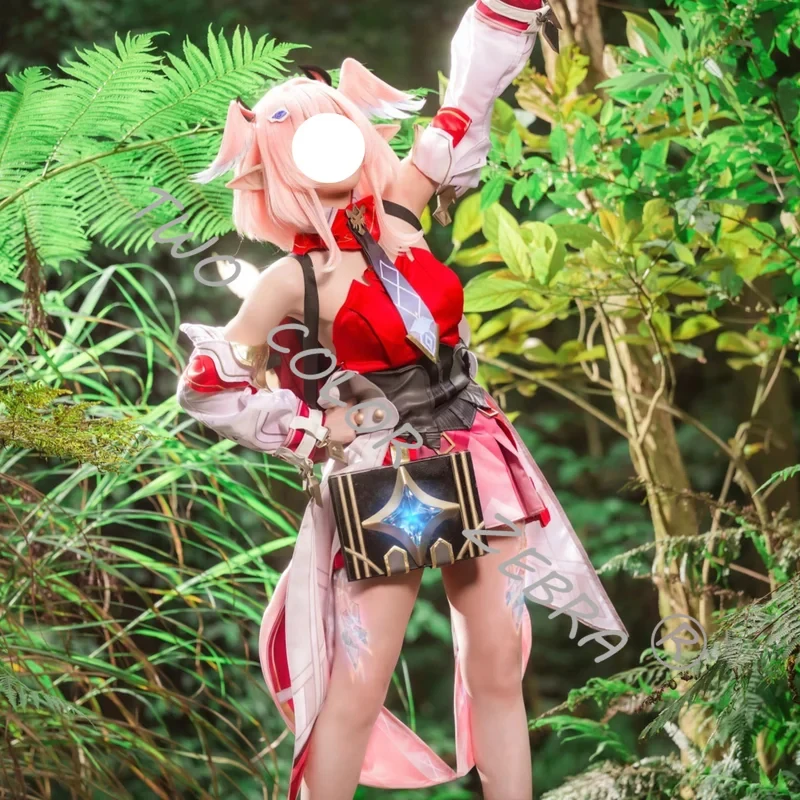 

A;3\v,7'd/Game Genshin Impact Linnea Cosplay Costume White Full Set Backpack Red Top Pink Leggings and Wig Accessw.3;v'6\b/