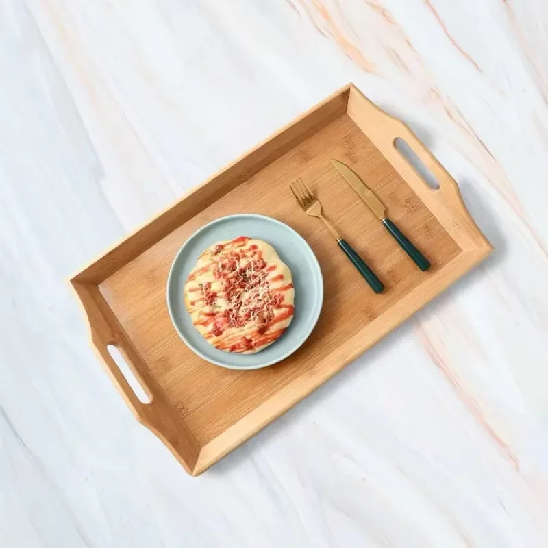Rectangular Bamboo Wooden Tray with Handle for Household Bedside Table Breakfast Serving