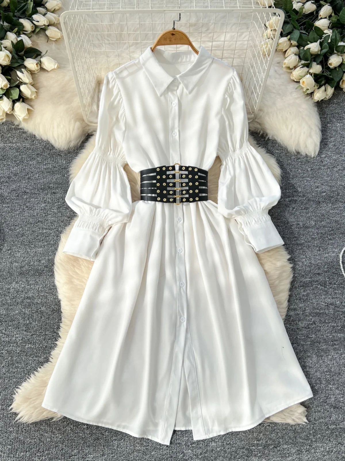 

Spring New Style High Waist Bubble Sleeve Shirt Dress Women Design Slimming mid Length A-Line Skirt Korean Version Long Sleeve