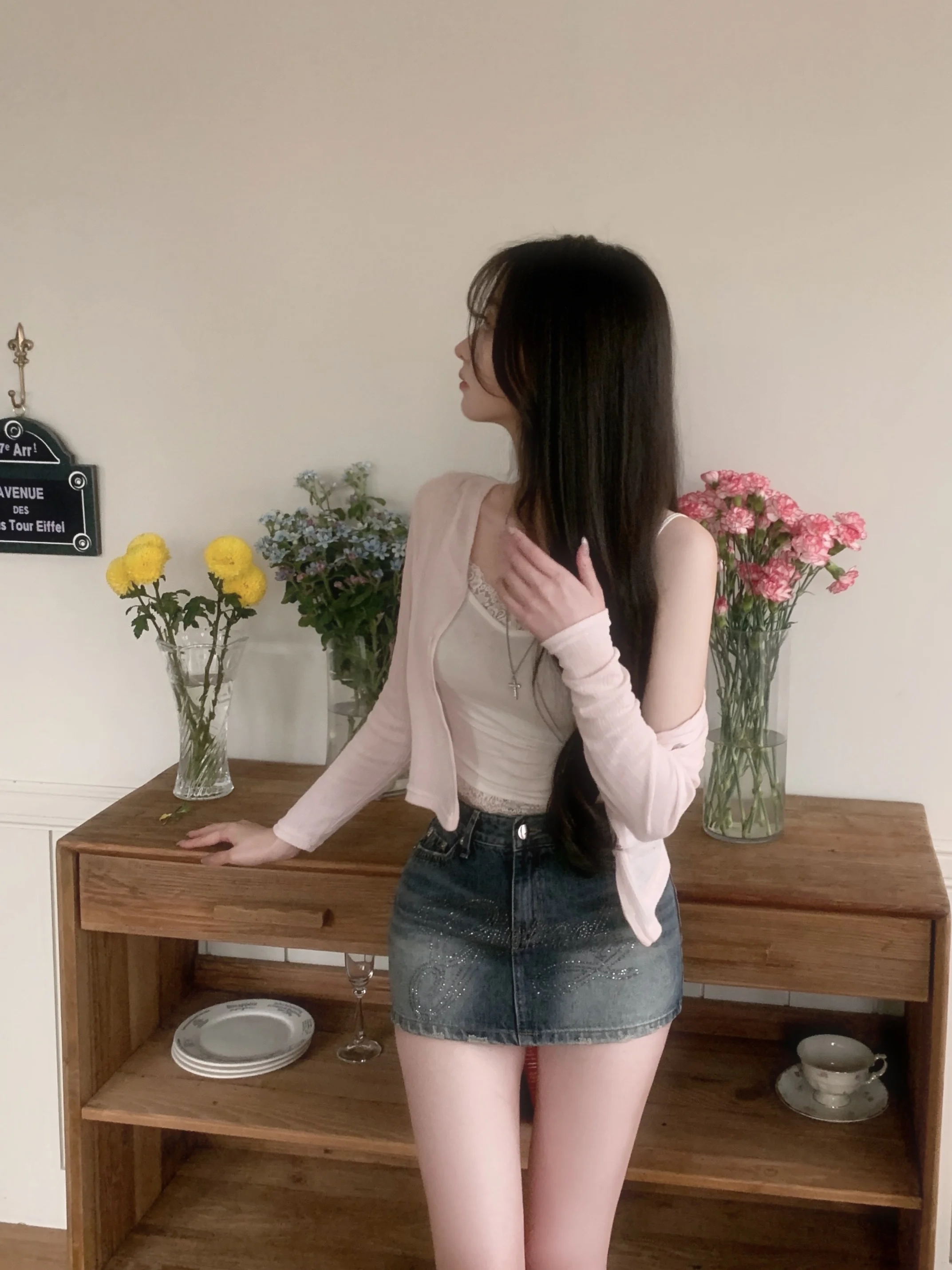 Gonna in denim a vita bassa con strass Gonna a trapezio elastica dimagrante Vintage Waed Sle Faion Summer Dr