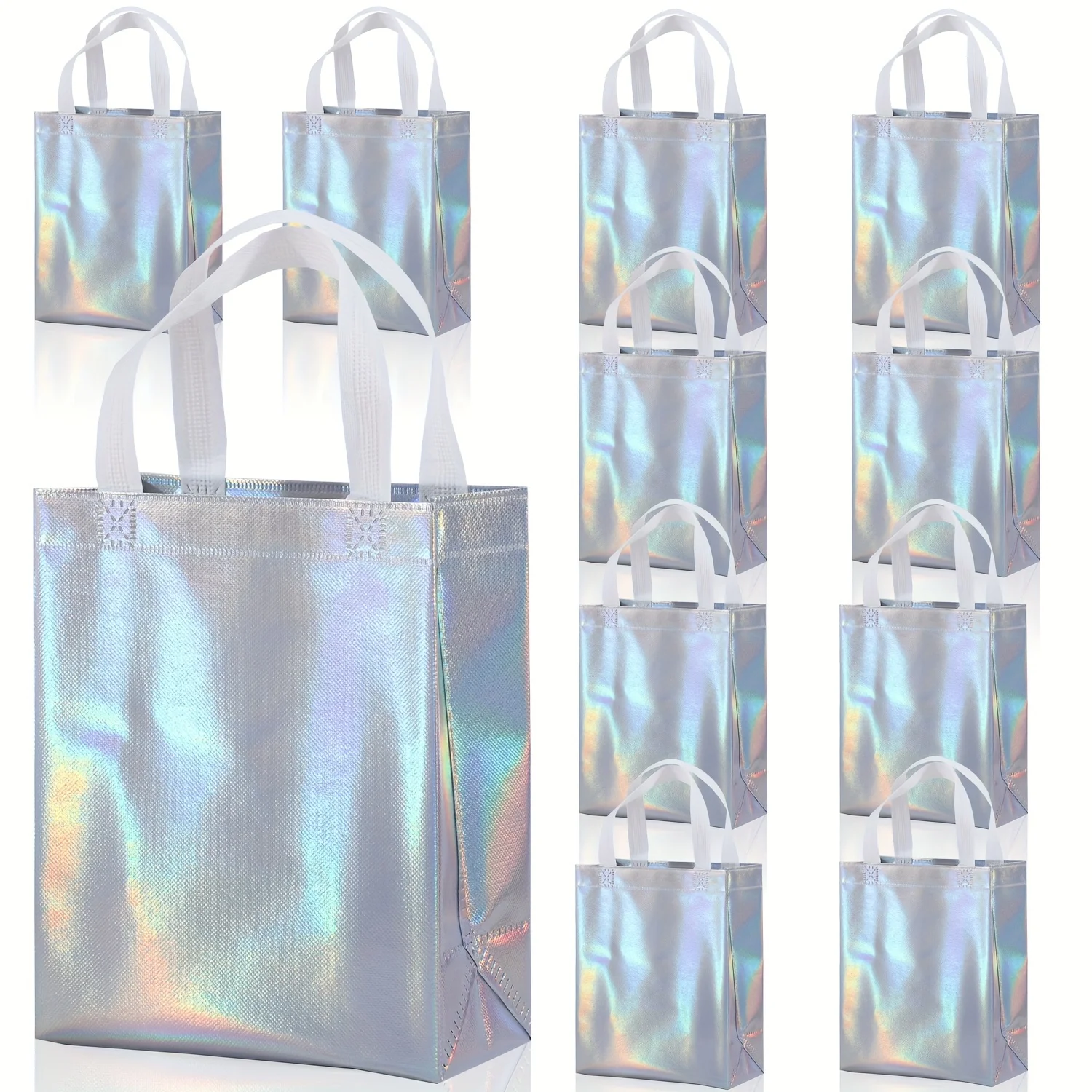 10-Piece Rainbow Holographic Gift Bags With Handles - Reusable, Perfect For Parties & Birthdays, Mixed Colors,  Theme, 8X4X10 In