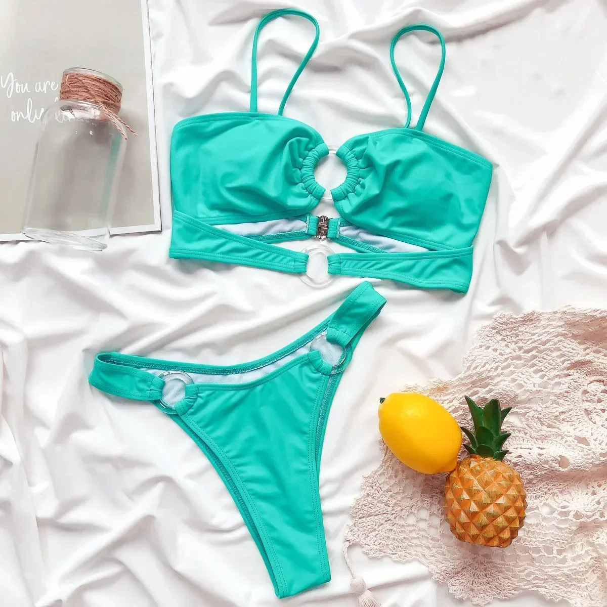 

Bikini 2024 Sexy Women Green Hollow Ring Decor Swimwear Swimsuit Bikinis Set Bathing Suit Beach Bikini Female Biquinis Feminino