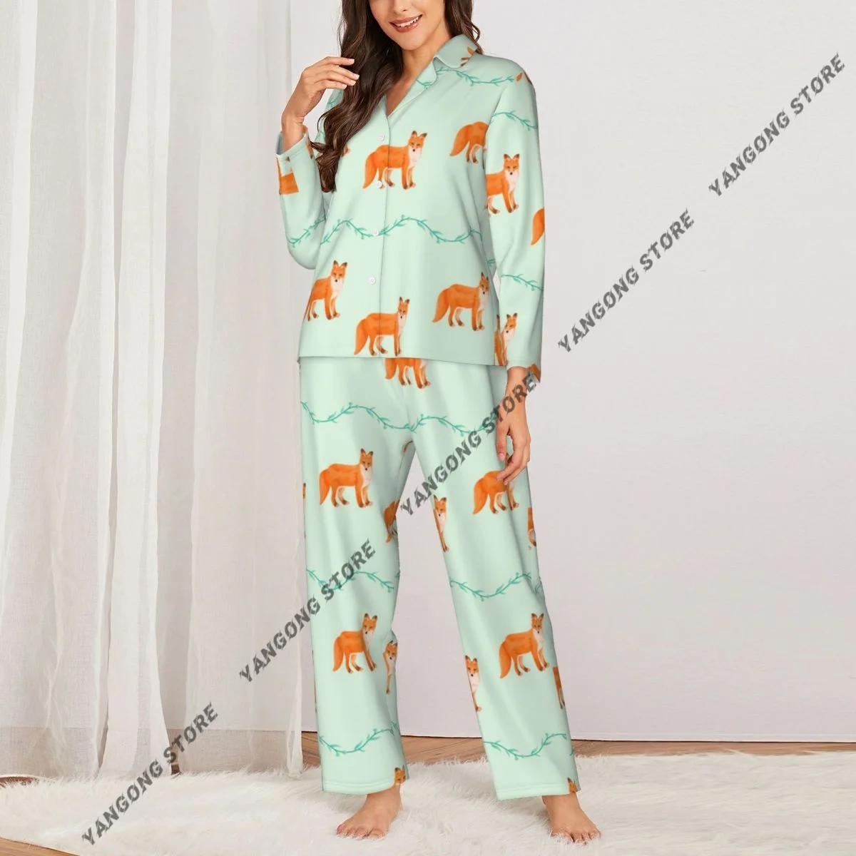 Foxes Animals Womens Pajamas Loungewear Two-piece Sleepwear Button-Down Full Sleeve Long Pajamas Set