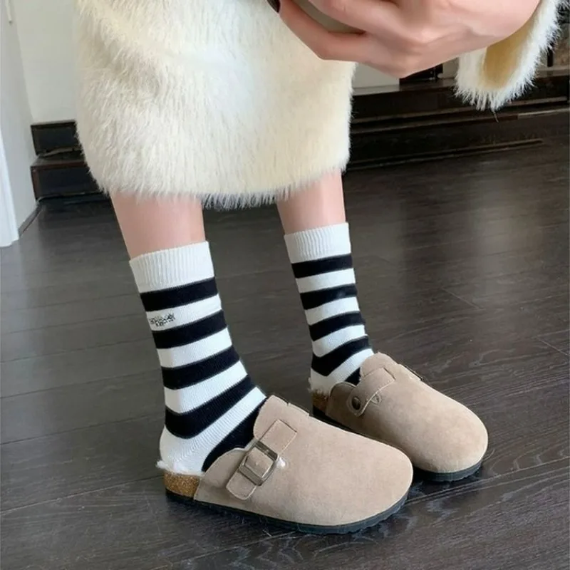 Fur Boston Clogs For Women Winter Fashion Cork Insole Warm Plush Slippers Shoes With Arch Support Cozy Home Furry Suede Mules