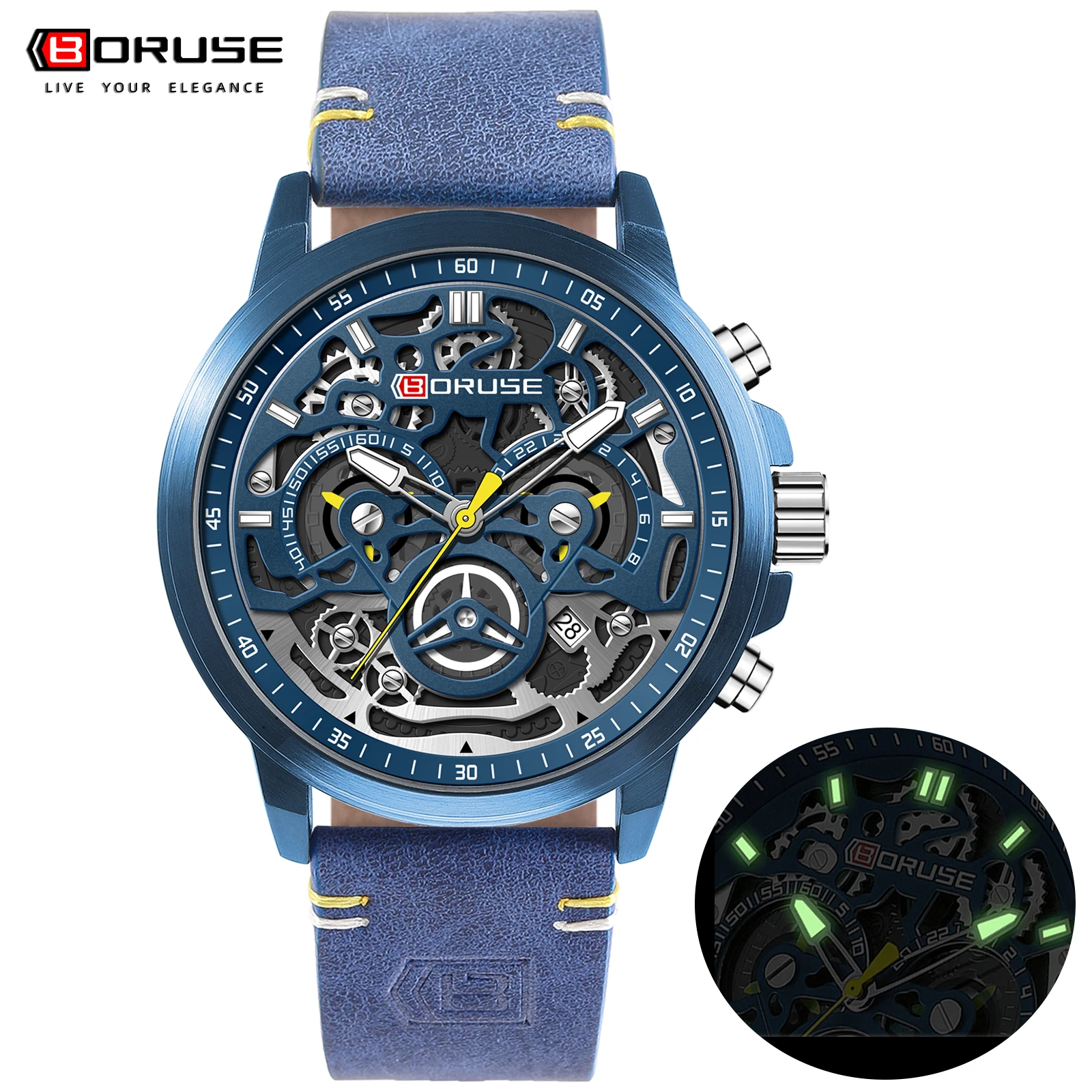 BORUSE Men Business Stainless Steel Watches Luminous Clock Luxury Quartz Watch Waterproof Sports Leather Watch Relogio Masculino