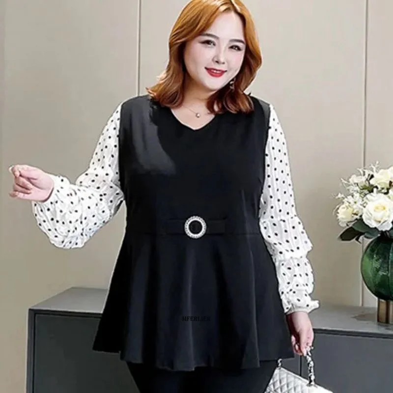 Camicia a pois di grandi dimensioni 5XL 140KG camicetta Vintage da donna con scollo a V camicia a maniche lunghe da donna Vintage da ufficio