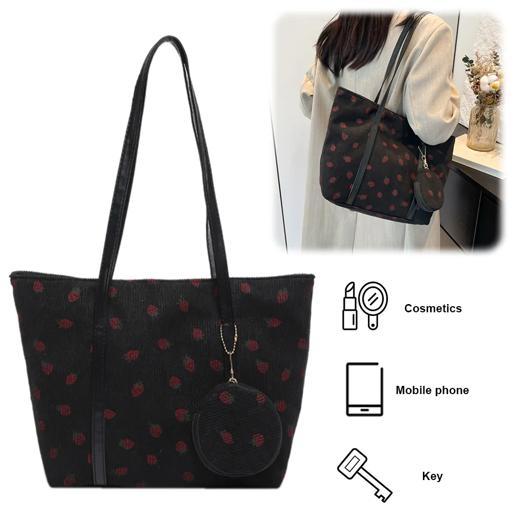 

Женская вельветовая сумка через плечо с клубничным принтом, вместительная сумка-тоут, милая сумка на плечо, сумка с верхней ручкой, модная сумка-шоппер